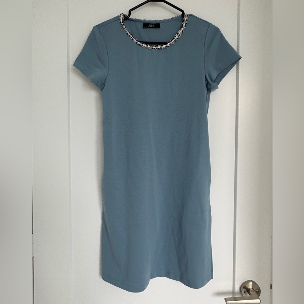 IORA Elegant Blue Women's T-Shirt Dress with Pockets, Size Small
